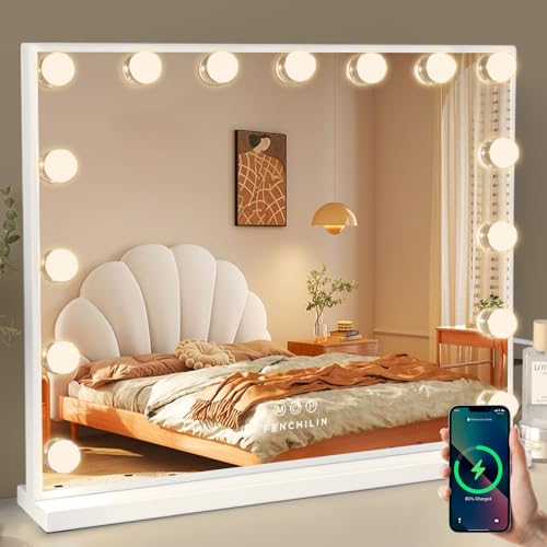 FENCHILIN 化粧鏡 女優ミラー ハリウッドミラー 壁掛け/卓上両用 USBポート付き 三色照明モード 無段階調光 15個LED電球付き 10倍拡大鏡付き 58x46cm 9,545円