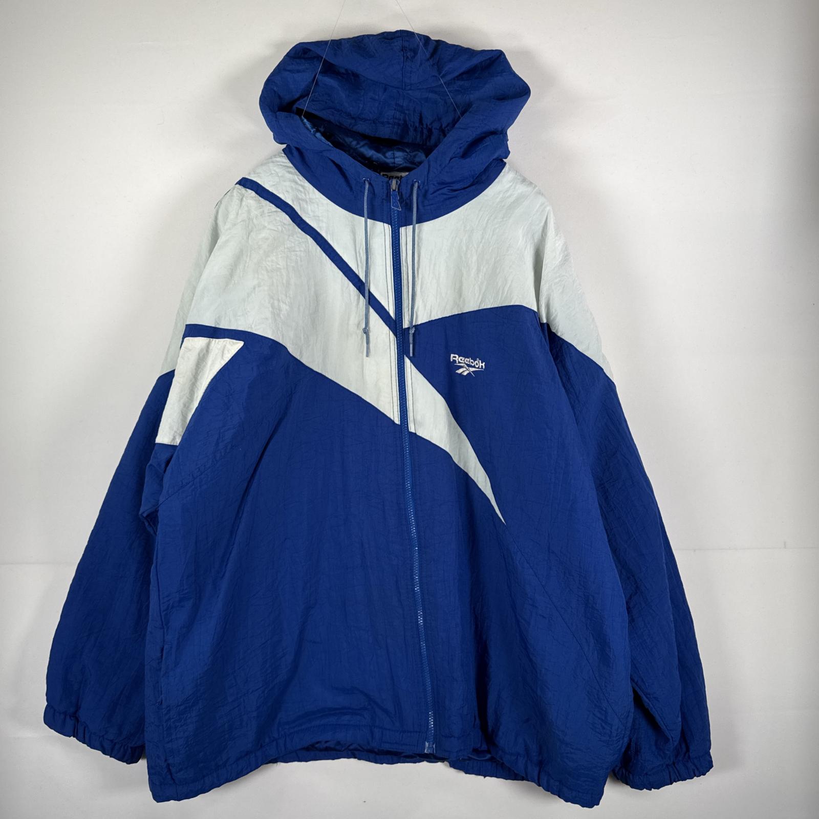 古着 90s/90年代 ナイロンジャケット 中綿 フルジップ パーカー ビッグ ロゴ フーディ XL ブルー メンズ