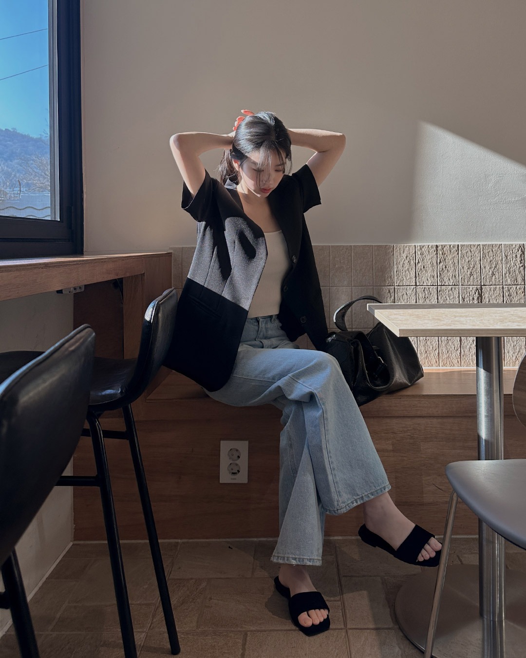 ヒウワイドデニムパンツ韓国ファッション レディース