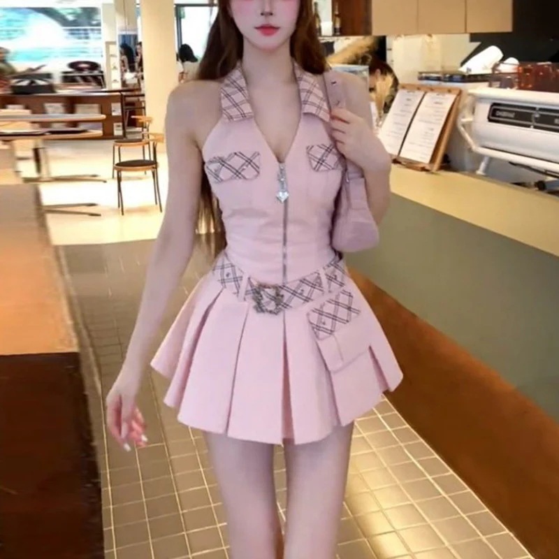 純粋で魅惑的甘くてクールなセクシーなジッパー付きノースリーブVネックドレス夏のエレガントなウエストを絞ったプリーツショートスカート