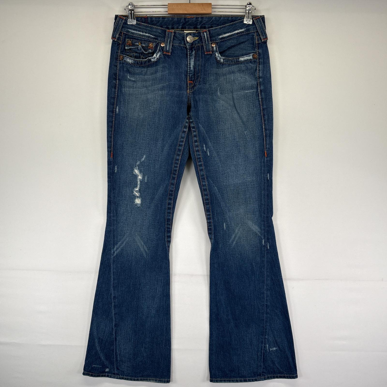 古着 USA製 デニムパンツ ジーンズ ジーパン フレア 長ズボン ダメージ加工 ジップ w30 ブルー メンズ
