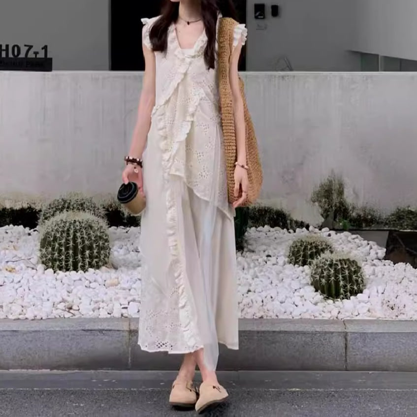 フランスの白い重工業のレーススプライスされたaラインドレス優しいスタイル長いスカートビーチバケーションビーチスカート
