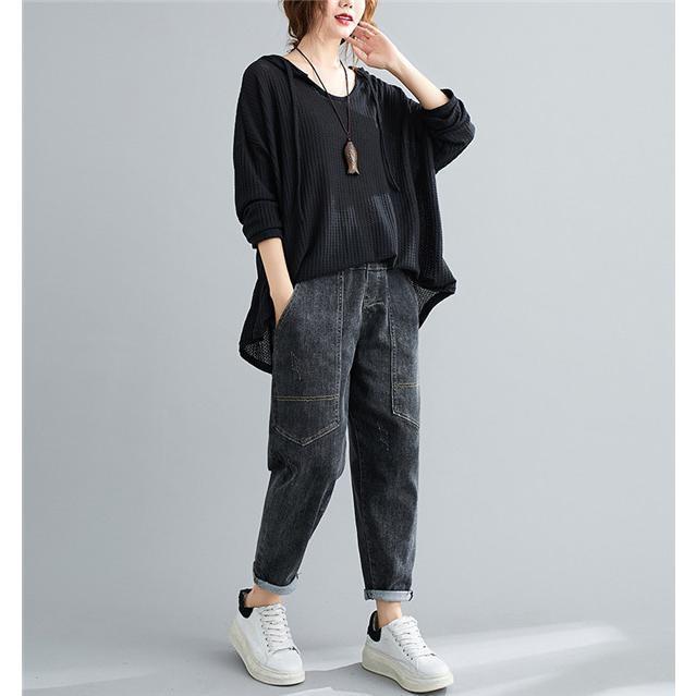 ニットトップス レディース フード付き Vネック ニットセーター 長袖 シンプル ニットパーカー パーカー プルオーバー 秋冬 体型カバー