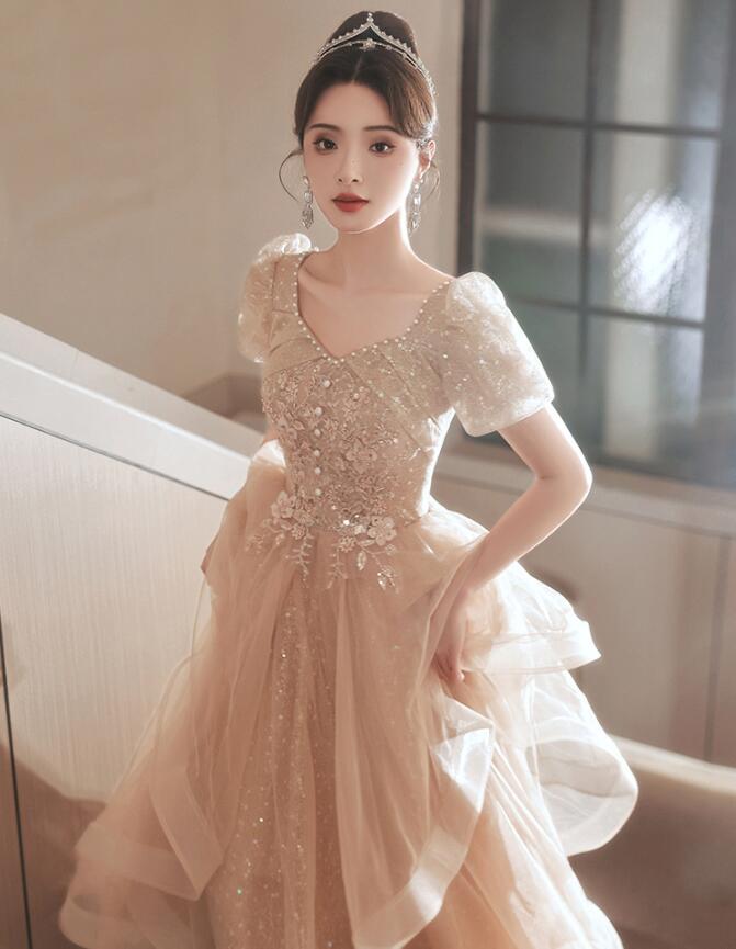 イブニングドレス カーキ フレア フリル 二次会ドレス 結婚式ドレス 可愛い ロングドレス Aライン 発表会ドレス パーティードレス ロング丈 結婚式 二次会 成人式ドレス 同窓会 謝恩会 ドレス 体