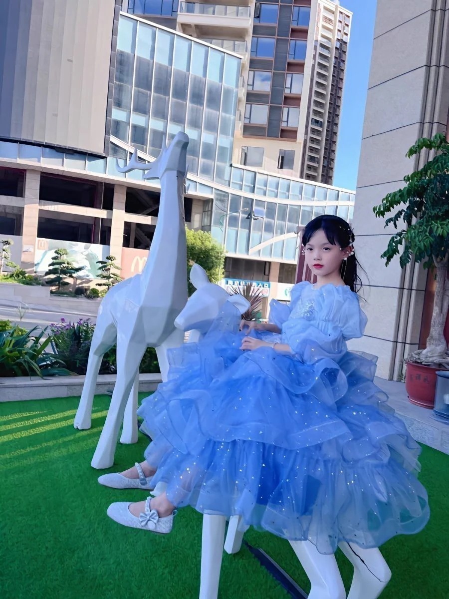 子供用イブニングドレスブルーガールズパフィー セスドレスフラワーガールピアノホスト誕生日高度なセンス