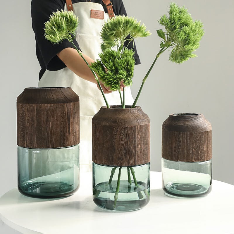 格安販売の 北欧風の天然木製 ガラス花瓶 家庭用ホテル用宿泊施設用の