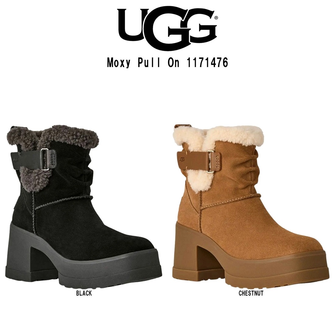 UGG レディース モクシー プルオン ブーツ スエード カーリーシープスキン ベルト ヒール 厚底 靴 W Moxy Pull On 1171476