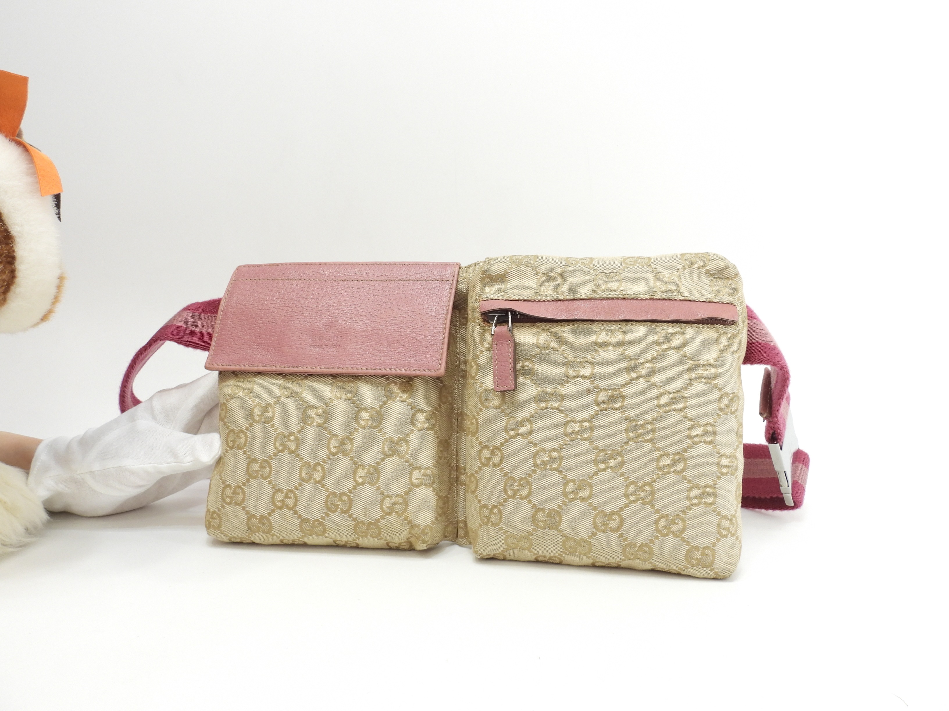 ベルトバッグ GGシュプリーム コットン茶ピンク革 ボディバッグ ウエストバッグ@ 10