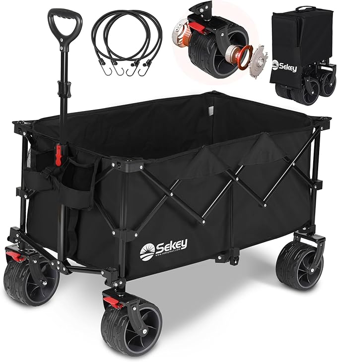 【断面幅10cmの極太ノーパンクタイヤ】【ベアリング付き】 大容量135L キャリーワゴン 高耐荷重150kg 【収納サイズが類似品で最小級】 コンパクト 折り畳み 簡単 ワンタッチ収束型 自立収納