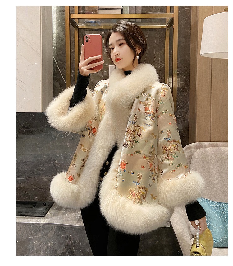 早い者勝ち フェイクフォックスファー マント ファー コート チタンスーツ ビーズ 冬