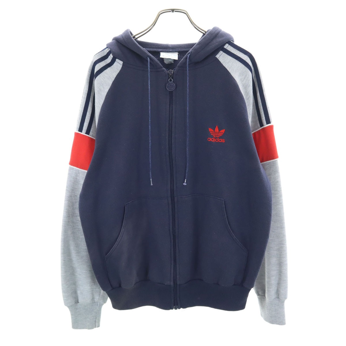 80s ヴィンテージ 台湾製 トレフォイルロゴ 長袖 ジップパーカー S グレー メンズ 古着