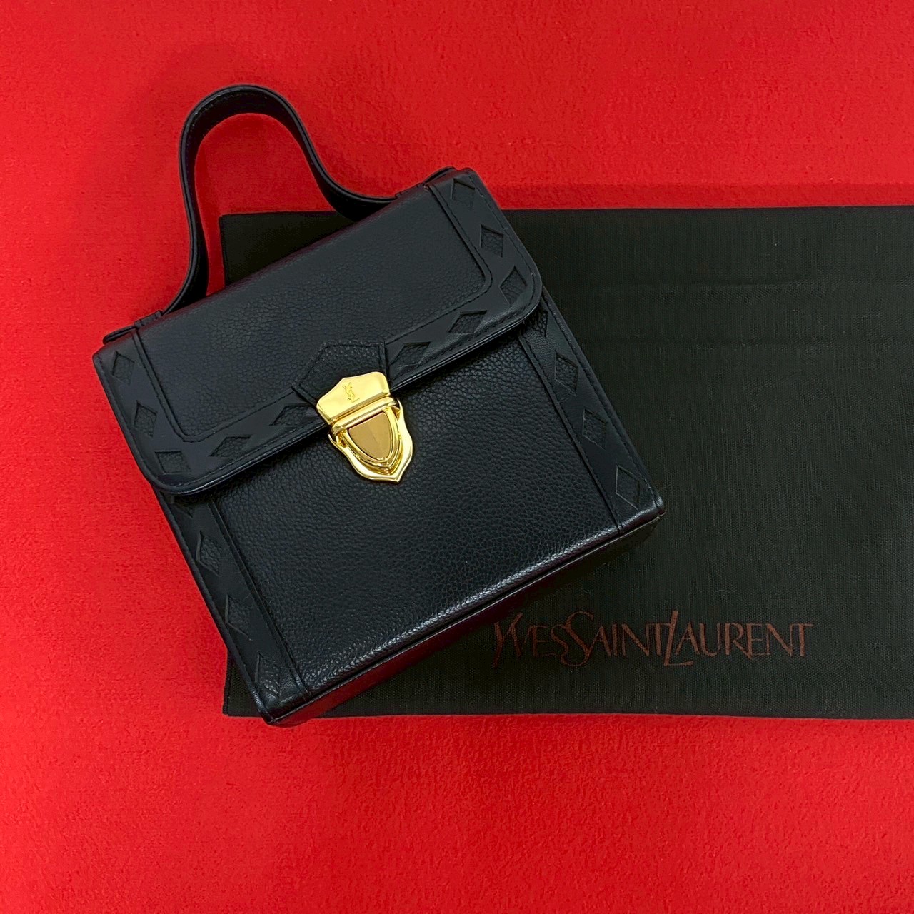 ヴィンテージ YSL ロゴ金具ハンドバッグ レザー ブラック 47583