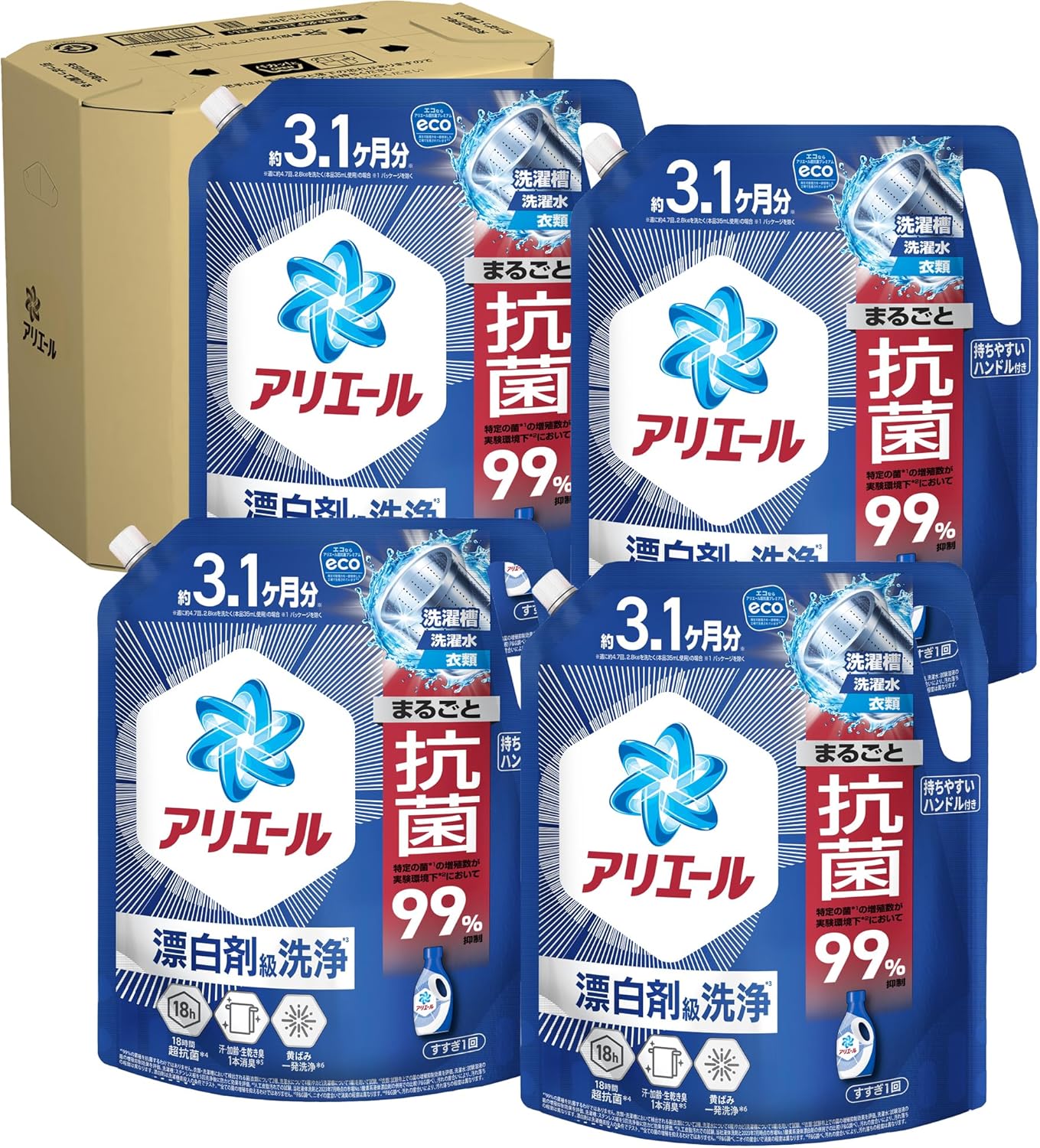 アリエール 洗濯洗剤 液体 超清潔感を保つプレミアム 漂白剤級洗浄 清潔でさわやかな香り 詰め替え 2210gｘ4袋 大容量 ケース品