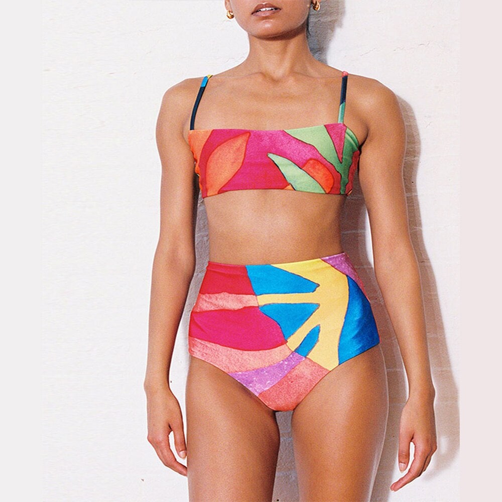 印刷された色付きのブロック水着,ハイウエスト,おなかコントロール,バケーション,ビーチ,デザイナー,