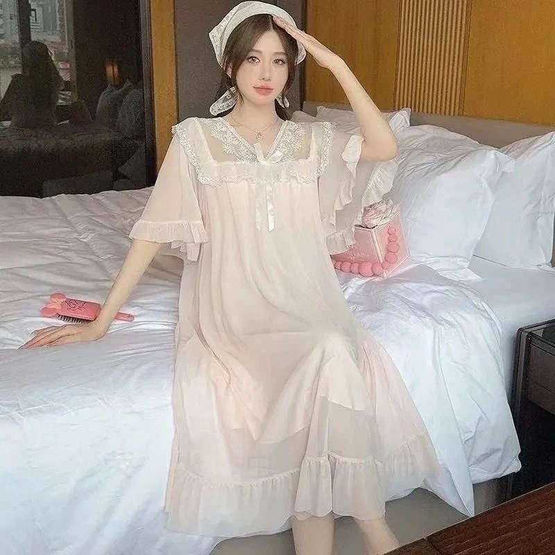 ネグリジェ ワンピース 姫系 ロング丈 レース シースルー 半袖 おしゃれ 可愛い 快適ナイトウェア