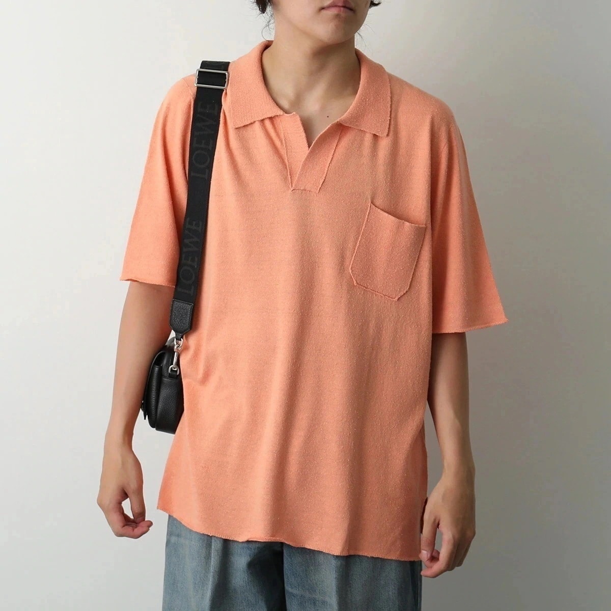 LONGO ロンゴ ポロシャツ S022211L メンズ シルク 5分袖 オーバーサイズ リラックスフィット ロゴ 胸ポケット 449