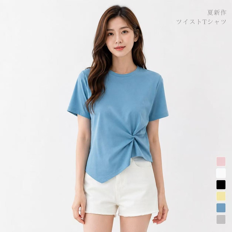デザインTシャツ レディース 半袖 短丈 ギャザー ウェストイン 体型見え カジュアル ブラック ホワイト ピンク 6色 春夏
