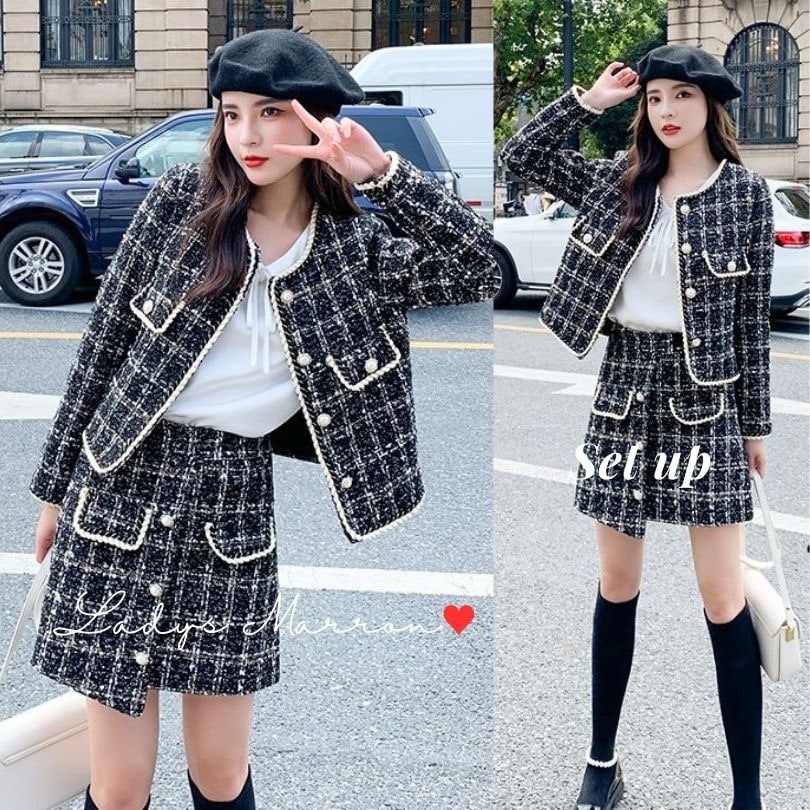 【即納】ツイード セットアップ 韓国 ジャケット スカート 成人式 同窓会 服 服装 二次会 冬 かわいい 上下セット 2点セット ツーピース チェック柄 ノーカラー 春 秋 長袖 ショート丈 ミニ丈