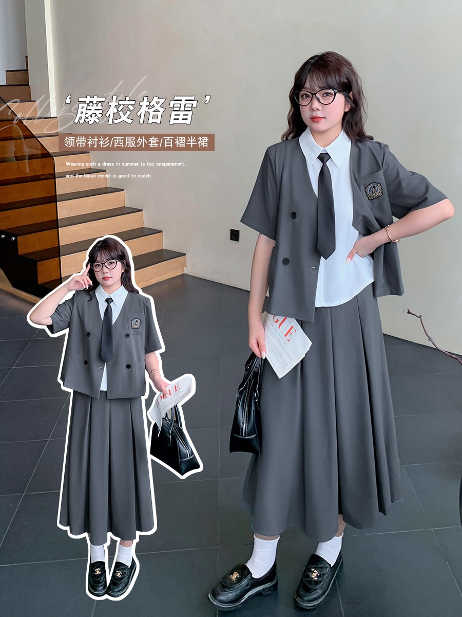 【ぽちゃまに】 夏 学院風 上下セット スーツセット 4セット トップス+スカート+ブラウス+ネクタイ 大きいサイズ 体型カバー レディース セットアップ メガ割