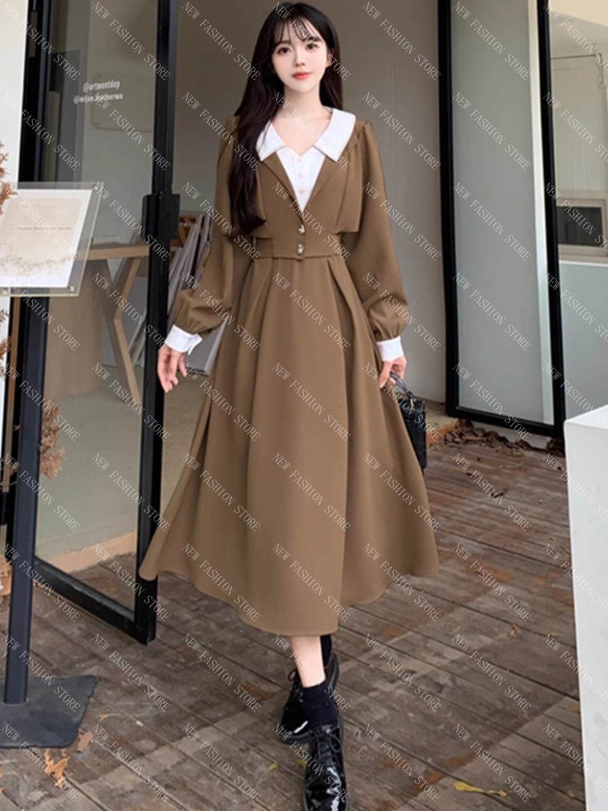 大きいサイズのフレンチワンピース女性の秋冬小柄ロングスカート-34