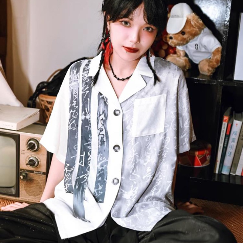 チャイナ風シャツ ブラウス レディース 半袖 トップス メンズ 夏 ゆったり 切り替え 漢字プリント 男女兼用