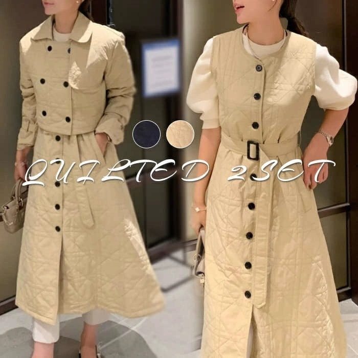 セットアップ キルティング ジャケット ワンピース ノースリーブ キルティングジャケット 中綿 中綿ジャケット アウター キルティングスカート ロング ロングジレ 秋 冬 春 トレンド 体型カバー フ
