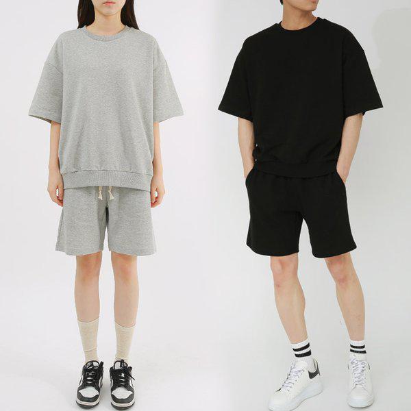 無地オーバーフィット半袖Tシャツ 5分丈 ハーフパンツ セットアップ(男女共用)