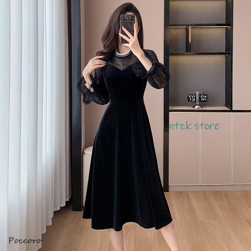 2枚購入で200円OFF ワンピース レディース きれいめ ベロアワンピース 秋 冬 ミディアム丈ワンピース レース繋がり 長袖 フォーマルワンピース 二次会 通勤 OL 30代 40代 着痩せワンピ