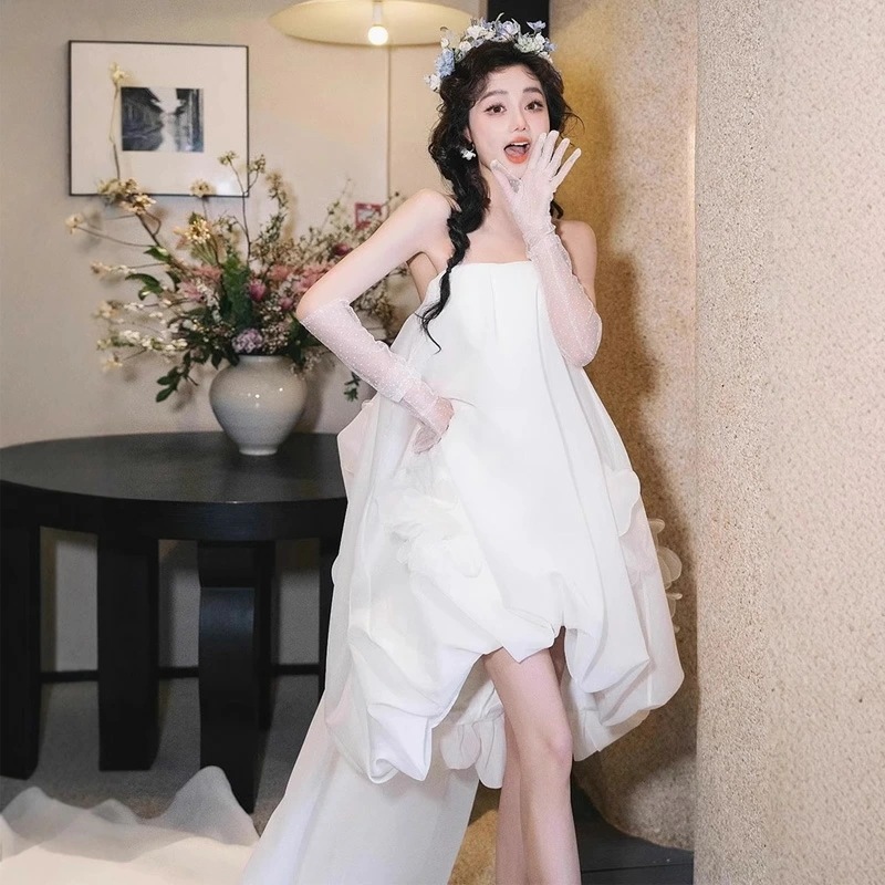 二次会ドレス ウェディングドレス ビスチェドレス 白 可愛い ミニドレス 結婚式ドレス 二次会 ホワイト ショート丈 トレーンドレス ウェディング ドレス ノースリーブ 体型カバー 海外挙式 撮影 X