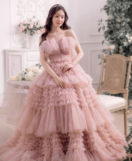 パーティードレス 多重チュール 高級感 結婚式ドレス ロング 花嫁ドレス ワンピース 二次会ドレス 披露宴 森系 お姫様 ウェディングドレス きれいめ フォトウェディング撮影 前撮りドレス 後撮り 可