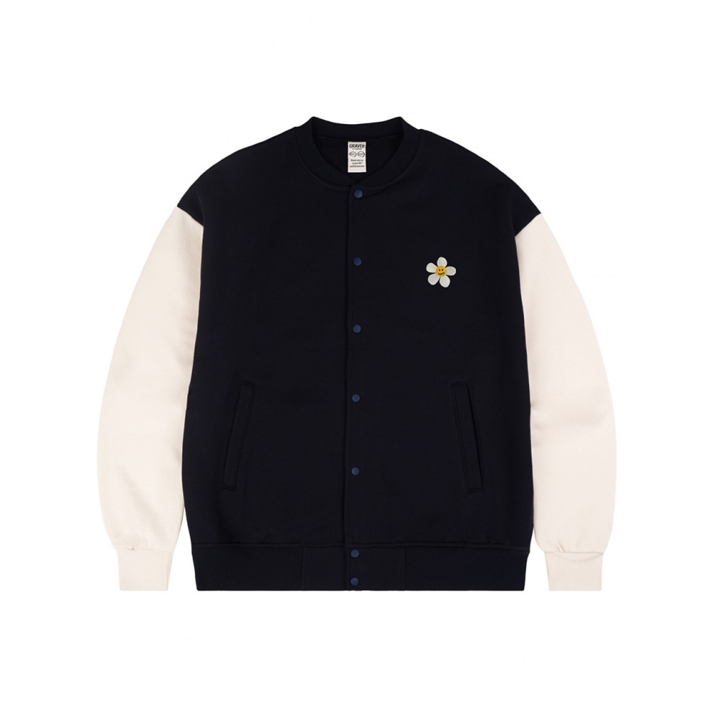 GRAVER フラワードットエンブロイダリーベースボールジャケットネイビー