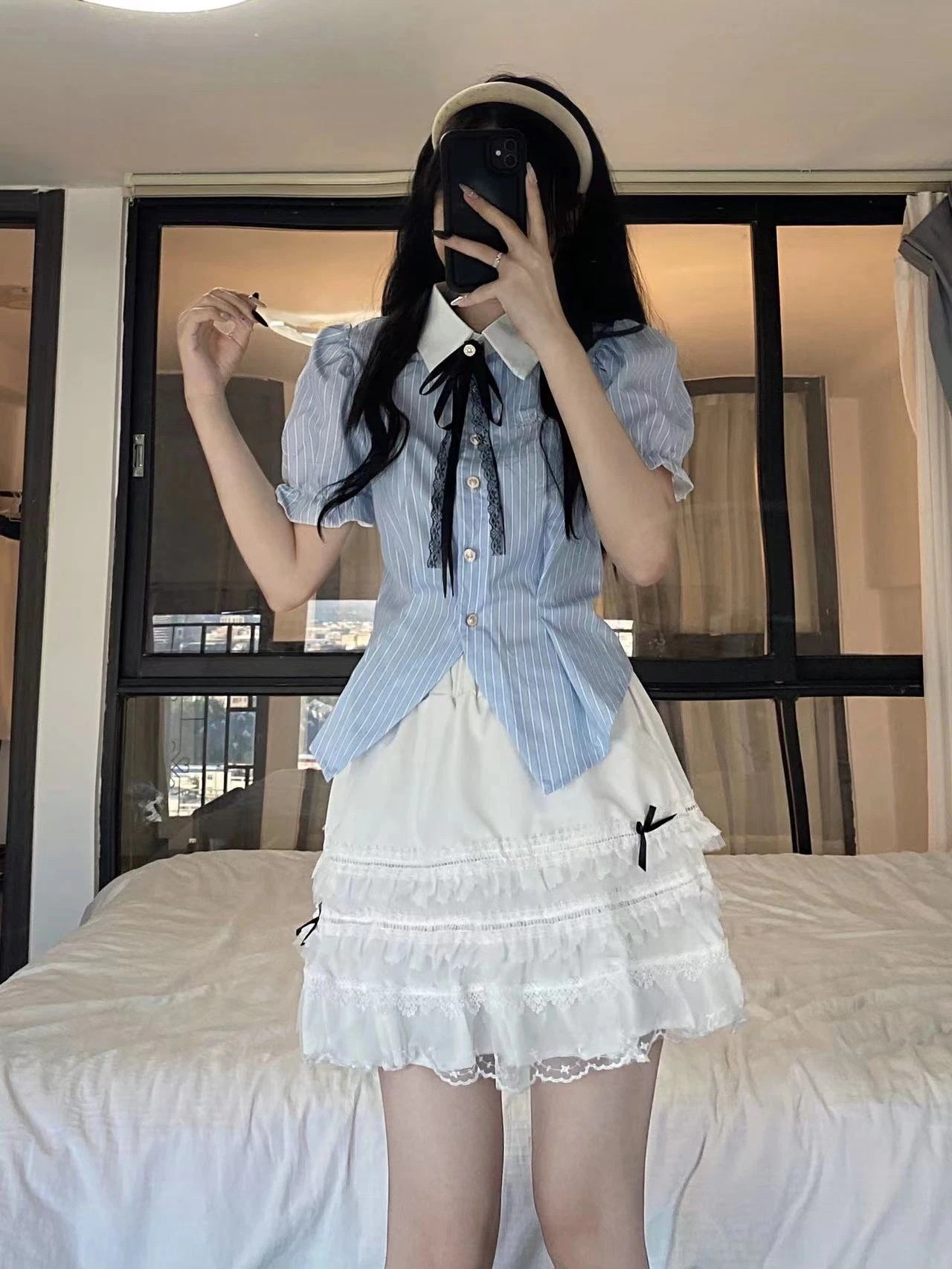 スウィートパフスリーブ半袖トップス夏物jk制服カレッジスカートレディース2点セット