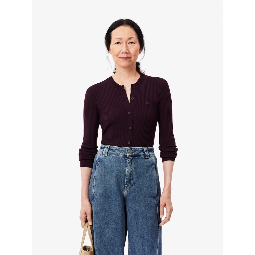 LACOSTE 女性用スリムフィットリブ付きクルーネックカーディガン AF2560-54N BZD Q2NAF2560-54NBZD
