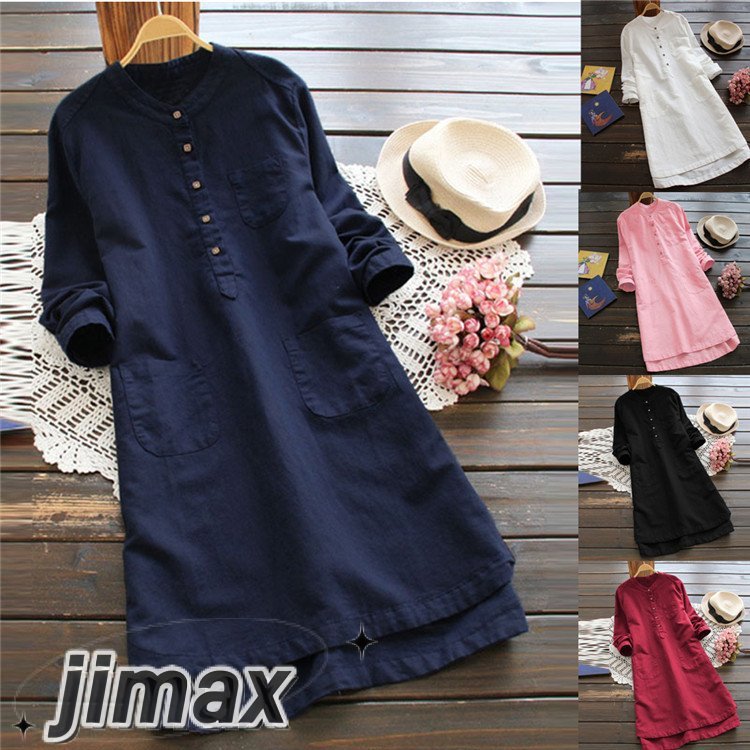 ワンピース レディース 春 夏 シャツ 無地 長袖 秋 レディース 膝丈ワンピース 綿麻混 リネン ポケット付き 大きいサイズ 体型カバー 着痩せ 50代 50代 秋 ホワイトデー