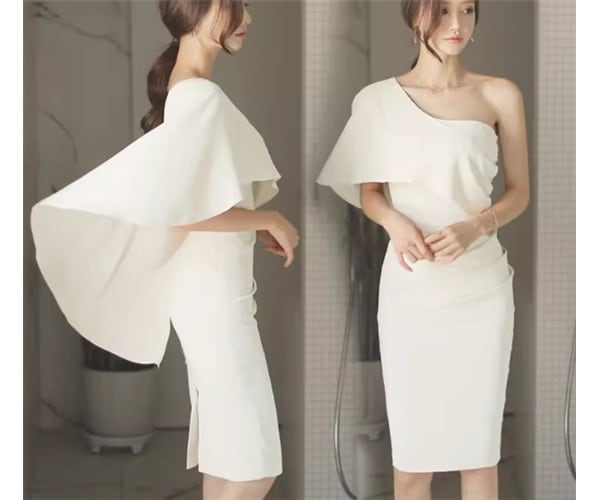 ケープ風 レディース ドレス 膝丈 ミドル丈 袖なし ノースリーブ ワンショルダー タイト スリム 細身 ファスナー 異国風 大人可愛い きれいめ シンプル 上品 おしゃれ かっこいい こなれ感
