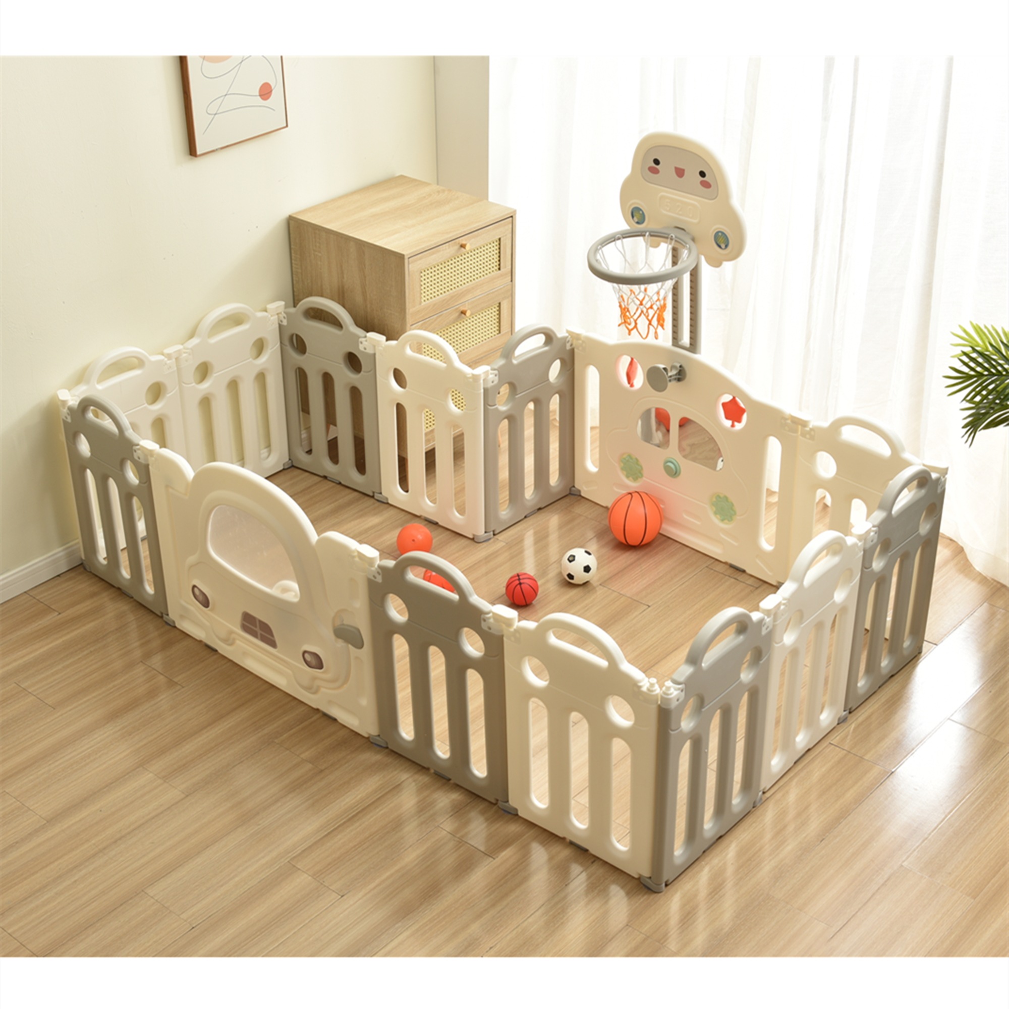 ベビーサークル 折りたたみ 14枚セット 163*163cm 変形可能 扉付き バスケットゴール付き おもちゃパネル ベビーゲート ベビーフェンス プレイヤード 簡単組立 柵 キッズ