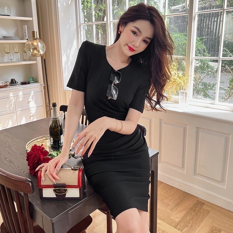 夏 丸首 シンプル 通勤 スリムフィット パックヒップ フレンチ 黒 ワンピース フォーマル パーティードレス 同窓会 結婚式 披露宴 卒業式 演奏会 二次会30%までに制限