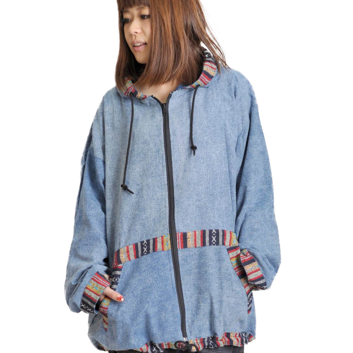 ロング パーカー フーディー レディース メンズ ユニセックス 大きいサイズ 大きめ L LL XL フーディ フード付き ジャケット ゲリコットン エスニック アジアンファッション 秋 冬 春服