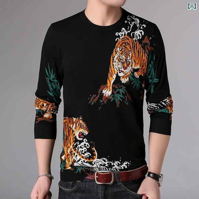 メンズ ビッグ タイガーヘッド 柄 プリント セーター 薄手 涼しい トレンド トップスス スウール セーター