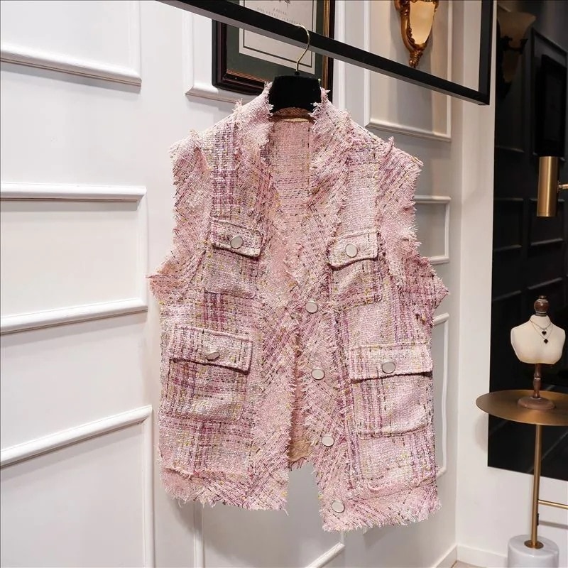 レディース ベスト ツイードベスト ミドル丈 ノーカラー ポケット フラットボタン フリンジ