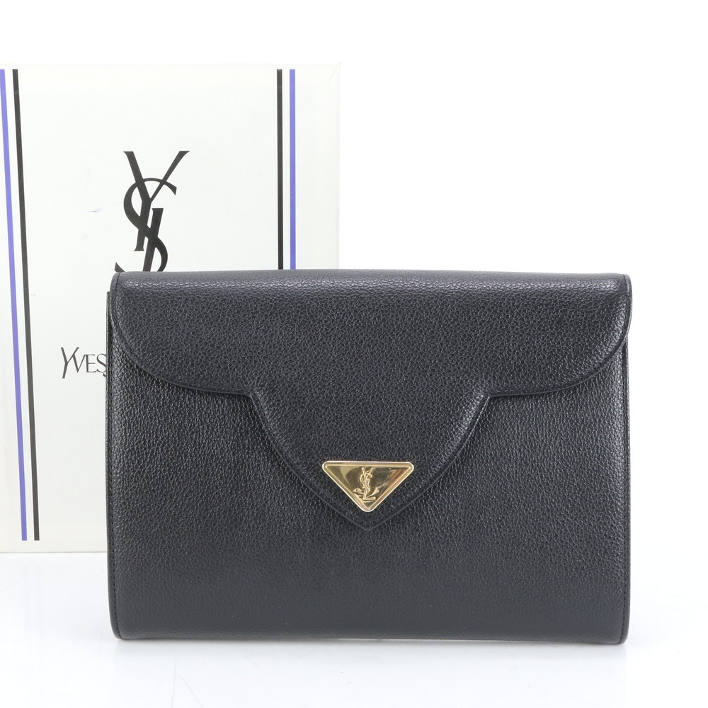 美品 ヴィンテージ YSL ロゴ プレート レザー クラッチ バッグ ハンド セカンド ポーチ トート レディース RUE CQ14-7 中古