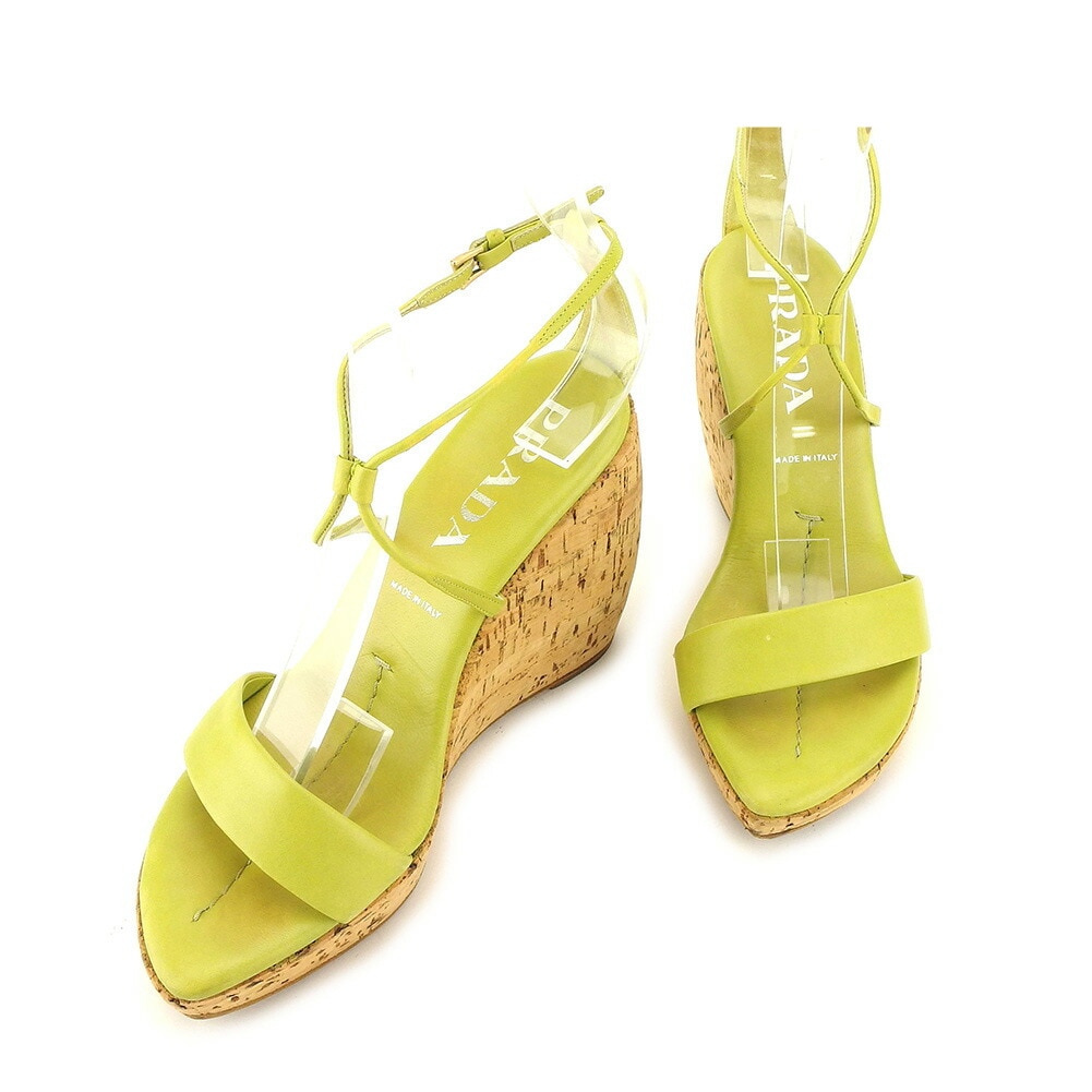 サンダル ウェッジソール 34ハーフ アンクルストラップ グリーン ベージュ ゴールド レディース 中古