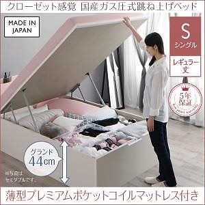 クローゼット跳ね上げベッド [エマーブル] [薄型プレミアムポケットコイルマットレス付き] 縦開き シングル レギュラー丈 深さグランド [フレーム色]ホワイト [マットレス色]ホワイト 145,902円