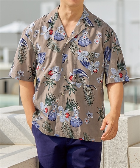 長袖シャツ オーバーサイズ綿１００％オープンカラー5分袖アロハシャツ ヴィンテージ風花柄 大きいサイズ有