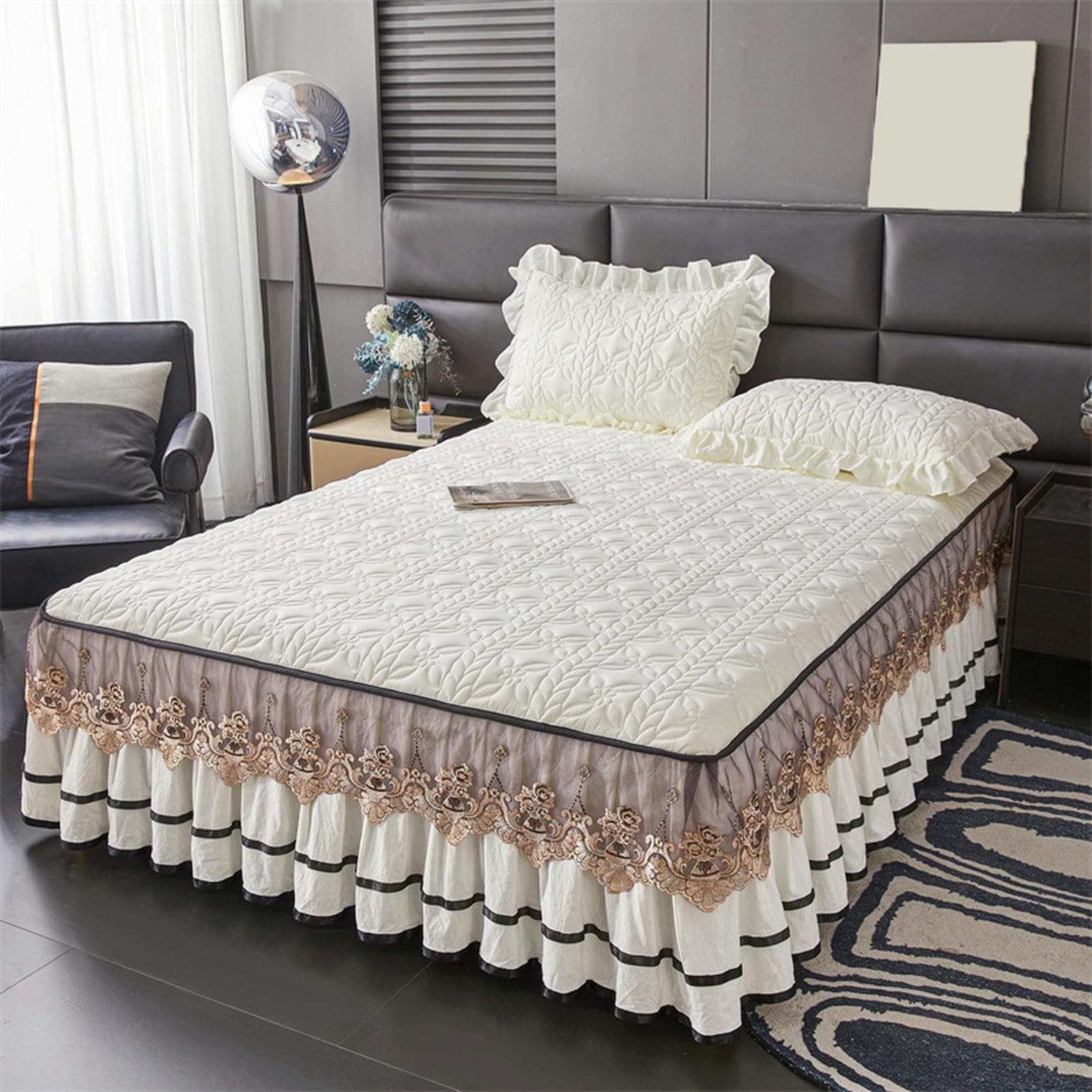 Fzigenle ベッドスカート フリルデザイン 無地 北欧 贅沢 プリーツ かわいい おしゃれ ホワイト 取り付け簡単 エレガント ベッド装飾 ベッドカバー マットカバー フリル 姫系 耐久性 柔ら