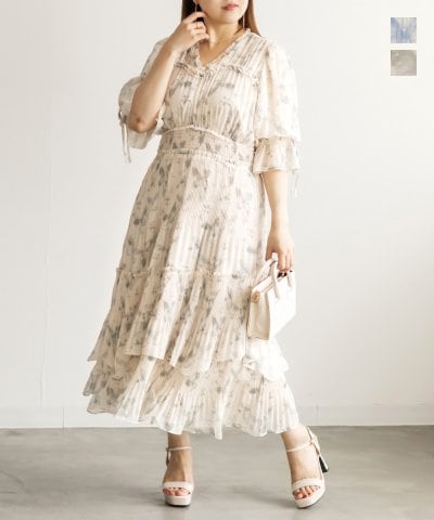 大きいサイズ レディース LL 3L 4L XL XXL XXXL CLETTEオリジナルバタフライ柄フリル使いプリーツワンピ―ス