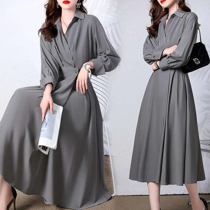 ワンピース レーディス Aライン ワンピース Vネック 長袖 シャツワンピ ロングワンピ ロング丈 ワンピース シャツワンピース きれいめ 春 秋 フォーマル 20代 30代 40代 50代 卒園式