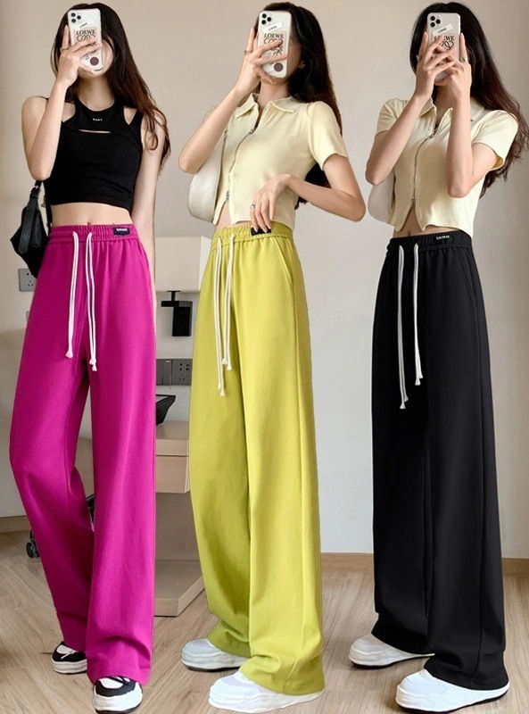 ウエストゴム ハイウエスト ワイドパンツ ボトムス パンツ ズボン ストレートパンツ カラーパンツ ロング ロング丈 ストレート ワイド 伸縮性 ポリエステル 薄手 かわいい 大人可愛い シンプル