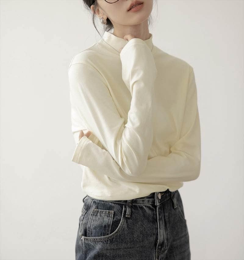 半ハイネック 長袖 ロンT レディース トップス プルオーバー インナー 襟付き かわいい 大人可愛い きれいめ シンプル カジュアル おしゃれ こなれ感 無地 春 秋 冬 ロングシーズン ママ 通勤