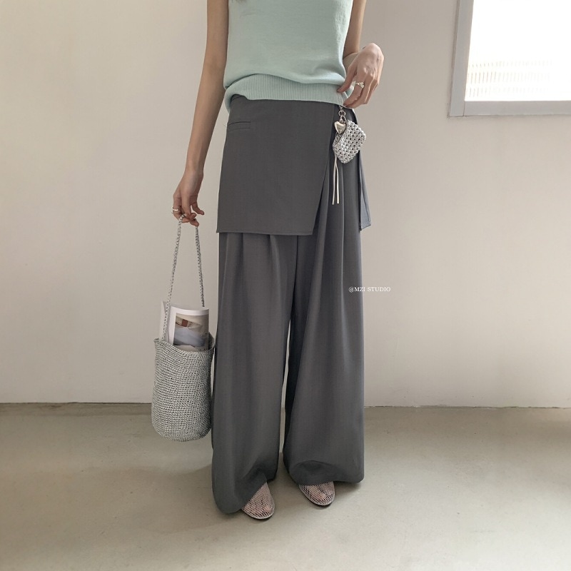 M.zi韓国韓国のツーウェア通勤女性のためのカジュアルパンツのカジュアルパンツのハイエンドワイドレッグパンツの2ピースセットはカーテンでスリムでハイウエストのズボンを見せます